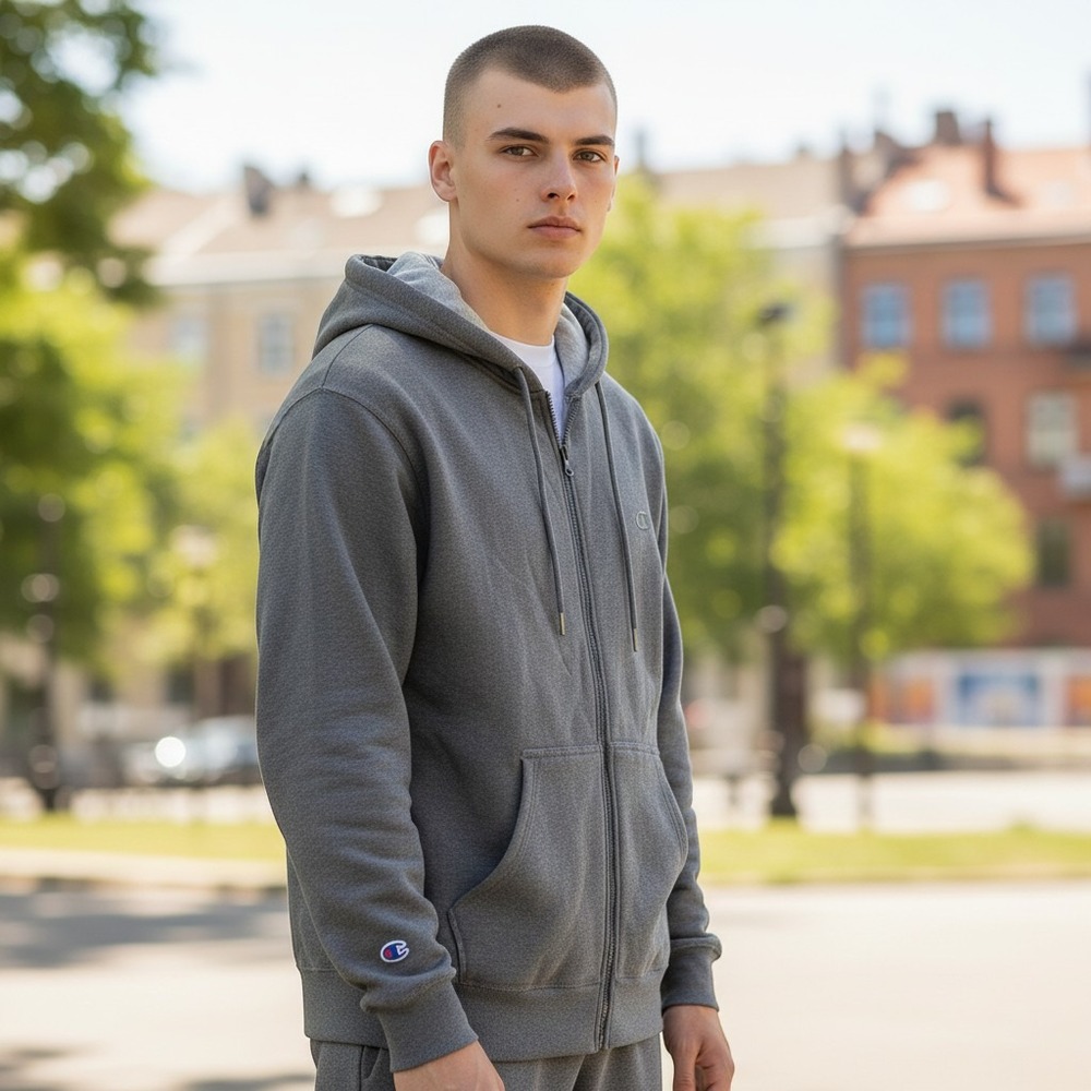 Champion Zip Up Hoodie Medium Gray Excellent Athletic Full Zip Sweatshirt